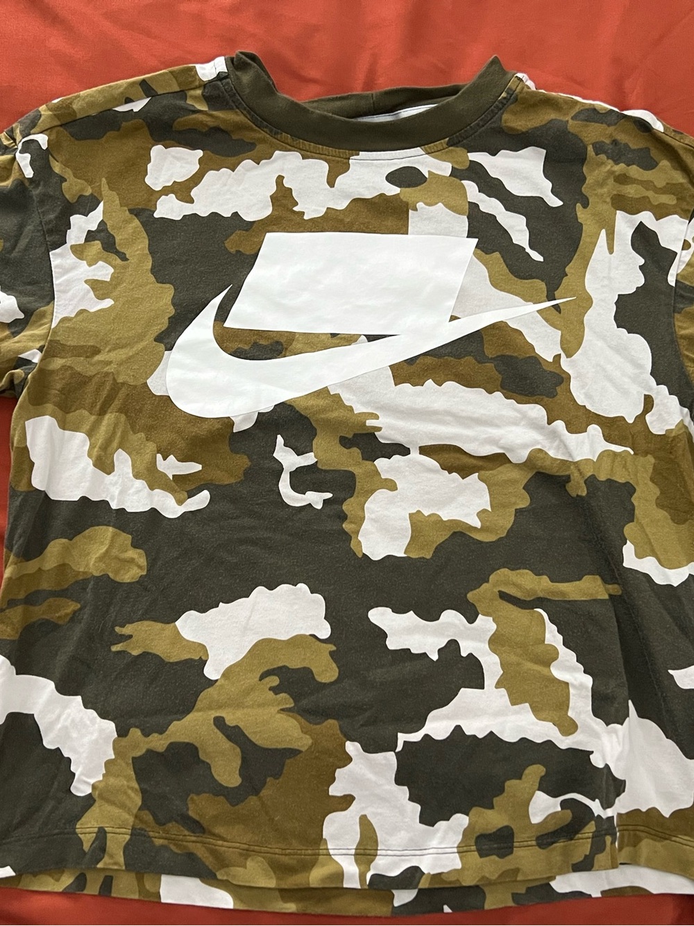 Nike Camo Crewneck Cropped Tee - Olive, White & Brown